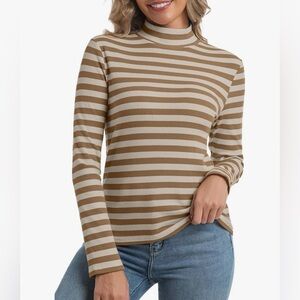 Cream Ribbed Long Sleeve Striped Women's Top
